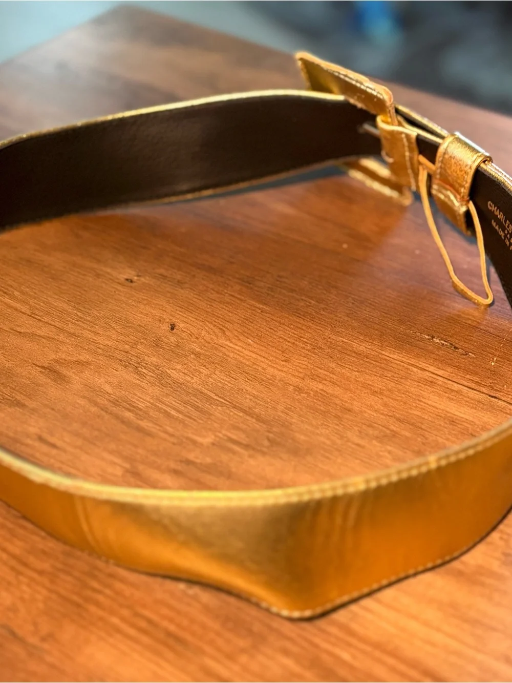 Vintage Charles Jourdan Metallic Gold Faux Leather Belt with Square Buckle 28